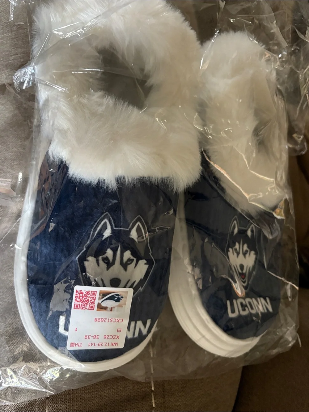 Kids Navy Plush Slipper Shoes with Faux Fur Trim